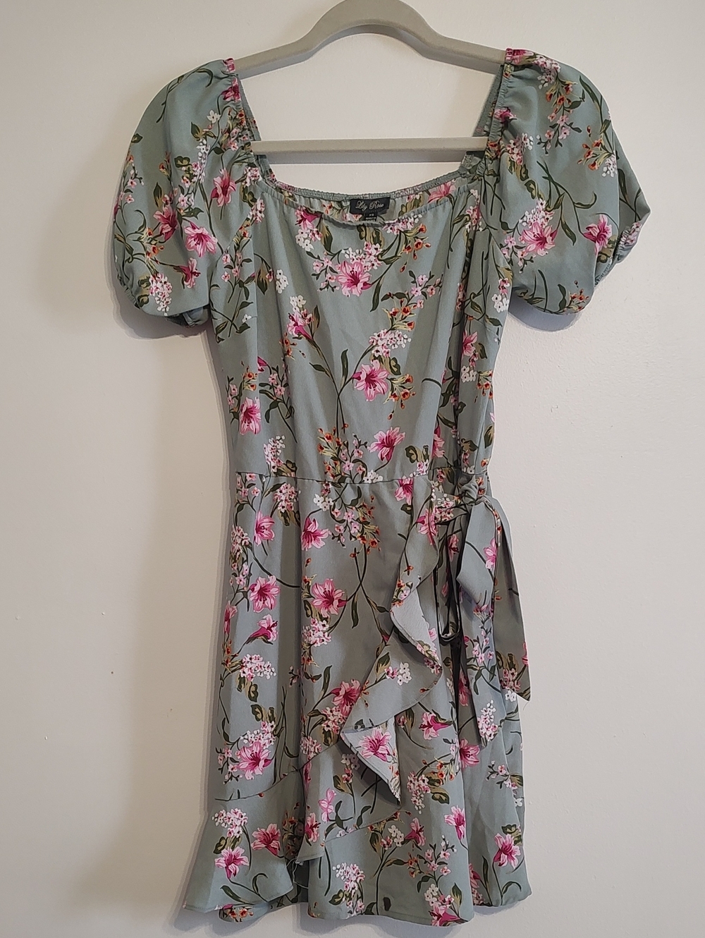 Lily Rose Sage Floral Puff-Sleeve Faux Wrap Mini Dress with Pink Blooms